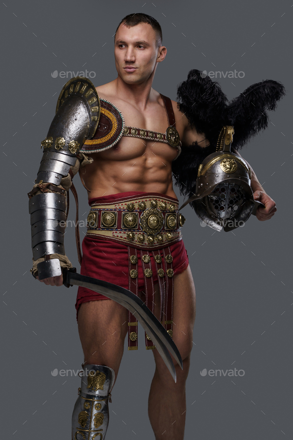 Muscular Greek Gladiator With Plumed Helmet And Short Sword Stock Photo By Fxquadro